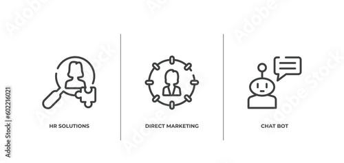 general outline icons set. thin line icons sheet included hr solutions, direct marketing, chat bot vector.