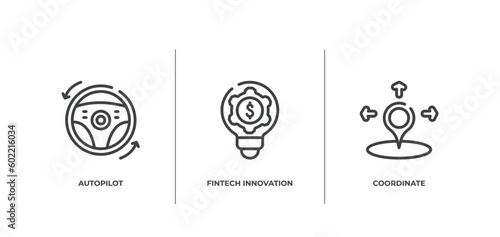general outline icons set. thin line icons sheet included autopilot, fintech innovation, coordinate vector.