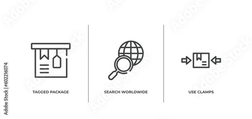 shipping and handly outline icons set. thin line icons sheet included tagged package, search worldwide, use clamps vector.