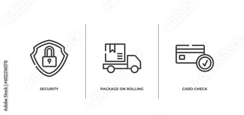 logistic delivery instructions outline icons set. thin line icons sheet included security, package on rolling transport, card check vector.