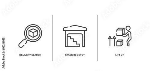 lineal logistic outline icons set. thin line icons sheet included delivery search, stack in depot, lift up vector.