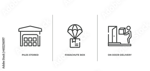 lineal logistic outline icons set. thin line icons sheet included piles stored, parachute box, on door delivery vector.