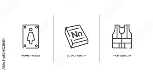 taxi service outline icons set. thin line icons sheet included women toilet, 3d dictionary, high visibility vest vector.