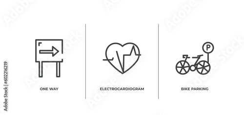 parking outline icons set. thin line icons sheet included one way, electrocardiogram inside heart, bike parking vector.