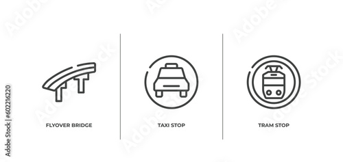 indications outline icons set. thin line icons sheet included flyover bridge, taxi stop, tram stop vector.
