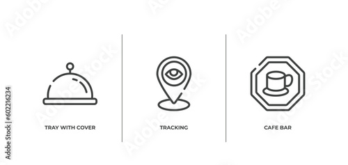 indications outline icons set. thin line icons sheet included tray with cover, tracking, cafe bar vector.