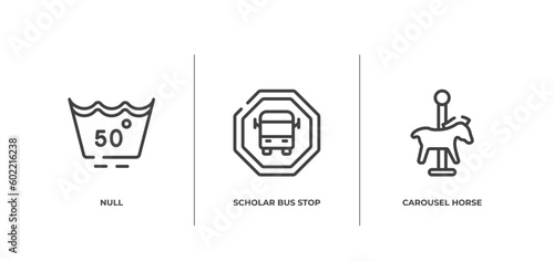 poi public places outline icons set. thin line icons sheet included null, scholar bus stop, carousel horse vector.