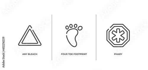 indications outline icons set. thin line icons sheet included any bleach, four toe footprint, phary vector.