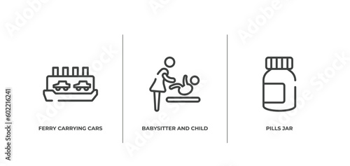 poi public places outline icons set. thin line icons sheet included ferry carrying cars, babysitter and child, pills jar vector.