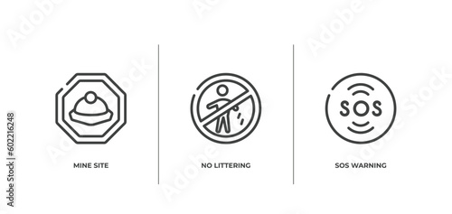swimming pool rules outline icons set. thin line icons sheet included mine site, no littering, sos warning vector.
