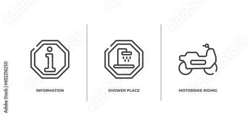 indications outline icons set. thin line icons sheet included information, shower place, motorbike riding vector.