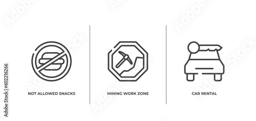 indications outline icons set. thin line icons sheet included not allowed snacks, mining work zone, car rental vector.