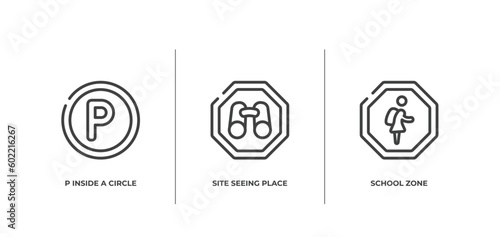 indications outline icons set. thin line icons sheet included p inside a circle, site seeing place, school zone vector.