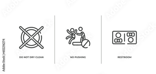 indications outline icons set. thin line icons sheet included do not dry clean, no pushing, restroom vector.