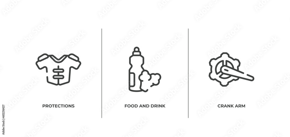 bicycle outline icons set. thin line icons sheet included protections, food and drink, crank arm vector.