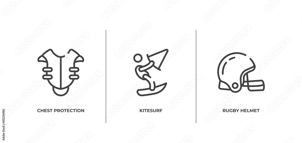 sport outline icons set. thin line icons sheet included chest protection, kitesurf, rugby helmet vector. sport outline icons set. thin line icons sheet included chest protection, kitesurf, rugby helmet vector.