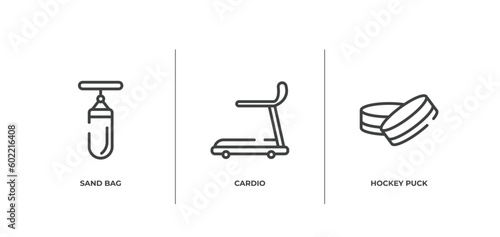 sports outline icons set. thin line icons sheet included sand bag, cardio, hockey puck vector.