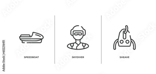 adventure sports outline icons set. thin line icons sheet included speedboat, skydiver, sheave vector.