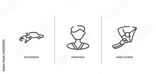 adventure sports outline icons set. thin line icons sheet included autocross, karateka, hang glider vector.