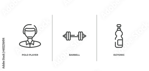 sports outline icons set. thin line icons sheet included polo player, barbell, isotonic vector.