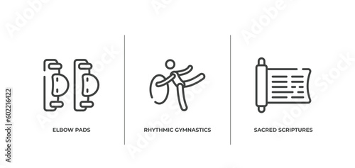 martial arts outline icons set. thin line icons sheet included elbow pads, rhythmic gymnastics, sacred scriptures vector.