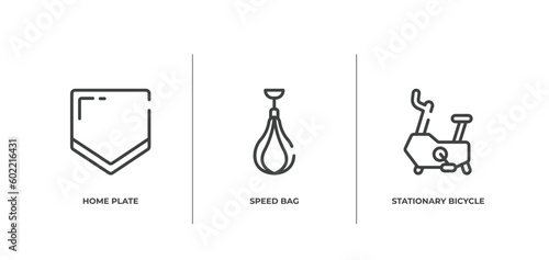 sport fitness outline icons set. thin line icons sheet included home plate, speed bag, stationary bicycle vector.