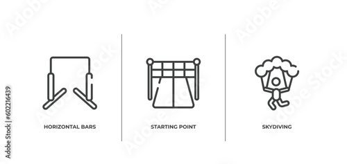 sports outline icons set. thin line icons sheet included horizontal bars, starting point, skydiving vector.