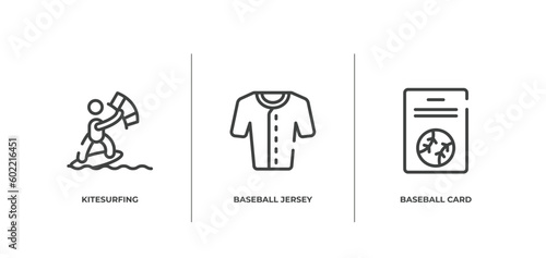 baseball outline icons set. thin line icons sheet included kitesurfing, baseball jersey, baseball card vector.