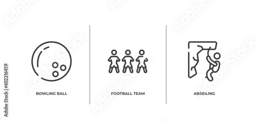 x treme outline icons set. thin line icons sheet included bowling ball, football team, abseiling vector.