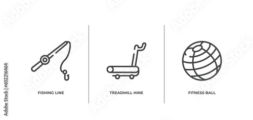 sport fitness outline icons set. thin line icons sheet included fishing line, treadmill hine, fitness ball vector.