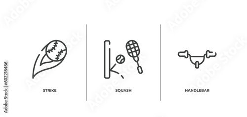 bicycle outline icons set. thin line icons sheet included strike, squash, handlebar vector.