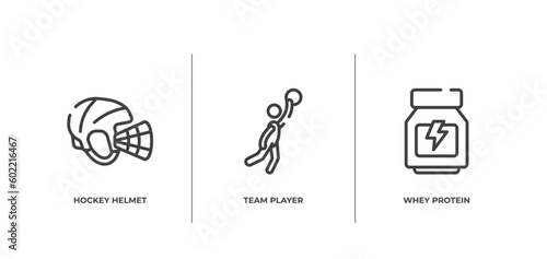 sport fitness outline icons set. thin line icons sheet included hockey helmet, team player, whey protein vector.