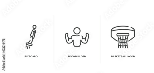 sports outline icons set. thin line icons sheet included flyboard, bodybuilder, basketball hoop vector.