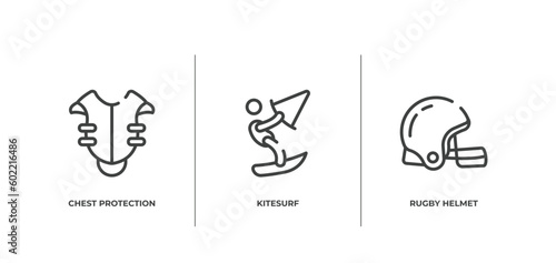 sport outline icons set. thin line icons sheet included chest protection, kitesurf, rugby helmet vector.