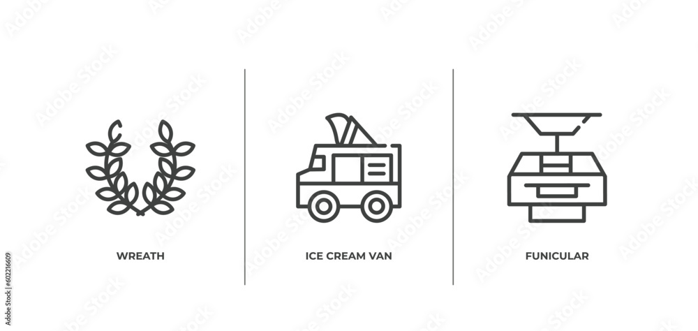 Obraz premium summer outline icons set. thin line icons sheet included wreath, ice cream van, funicular vector.
