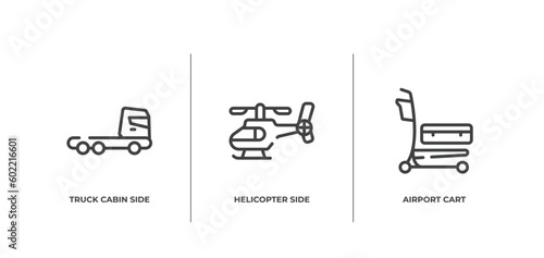 airport outline icons set. thin line icons sheet included truck cabin side view, helicopter side view, airport cart vector.