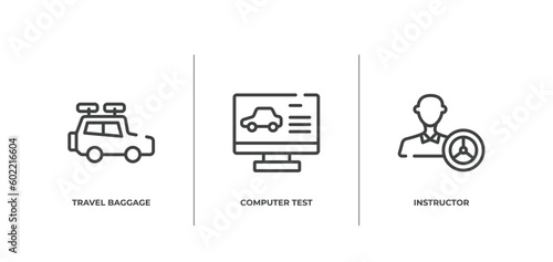 driving school outline icons set. thin line icons sheet included travel baggage, computer test, instructor vector.