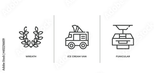 summer outline icons set. thin line icons sheet included wreath, ice cream van, funicular vector.