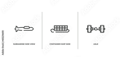 car service outline icons set. thin line icons sheet included submarine side view, container ship side view, axle vector.