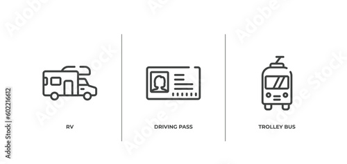 public transport outline icons set. thin line icons sheet included rv, driving pass, trolley bus vector.