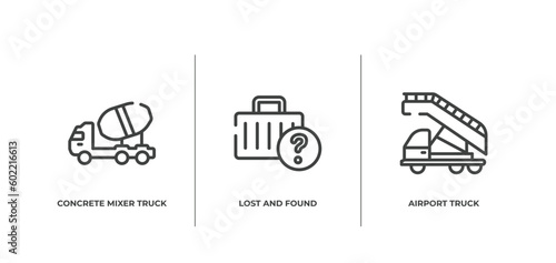 airport outline icons set. thin line icons sheet included concrete mixer truck side view, lost and found, airport truck vector.