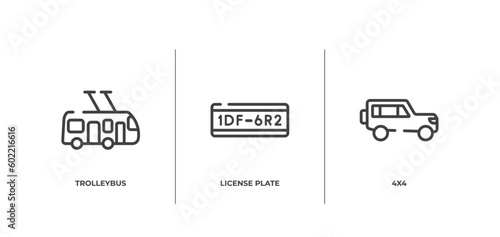 transportation outline icons set. thin line icons sheet included trolleybus, license plate, 4x4 vector.