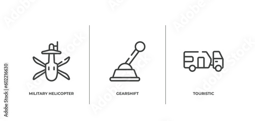 vehicles and transports outline icons set. thin line icons sheet included military helicopter bottom view, gearshift, touristic vector.