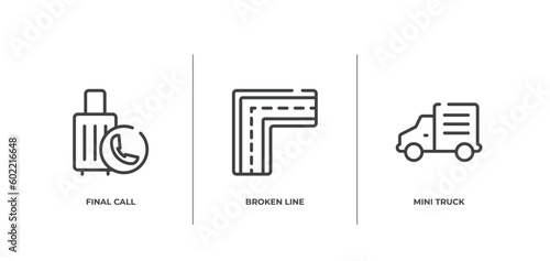 transportation outline icons set. thin line icons sheet included final call, broken line, mini truck vector.