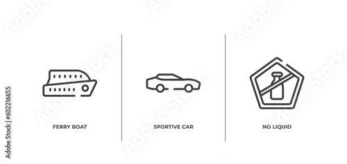 airport outline icons set. thin line icons sheet included ferry boat, sportive car, no liquid vector.