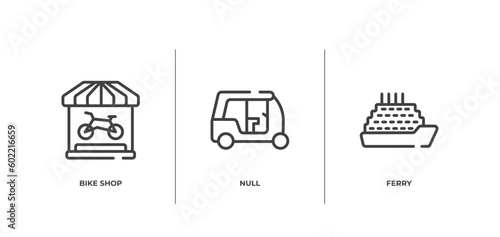 transportation outline icons set. thin line icons sheet included bike shop, null, ferry vector.