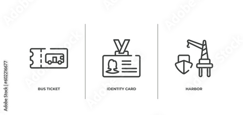 transportation outline icons set. thin line icons sheet included bus ticket, identity card, harbor vector.