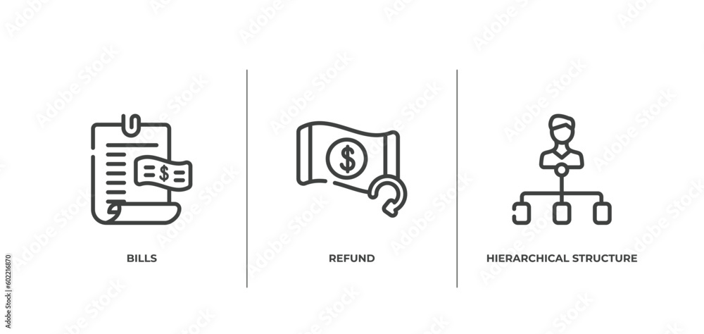 finance outline icons set. thin line icons sheet included bills, refund, hierarchical structure vector. finance outline icons set. thin line icons sheet included bills, refund, hierarchical structure vector.
