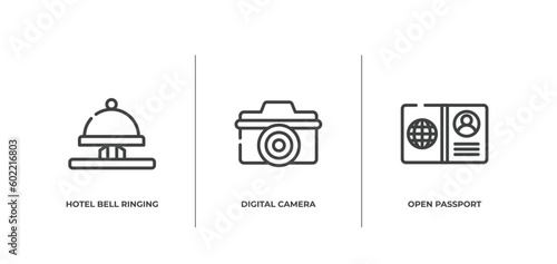 holidays outline icons set. thin line icons sheet included hotel bell ringing, digital camera, open passport vector.