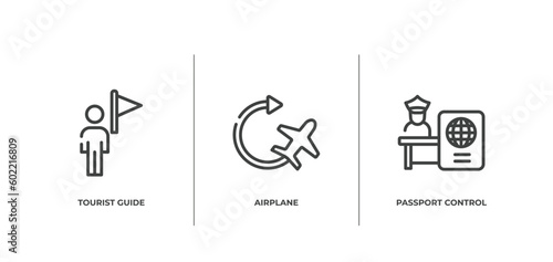 airport and travel outline icons set. thin line icons sheet included tourist guide, airplane, passport control vector.